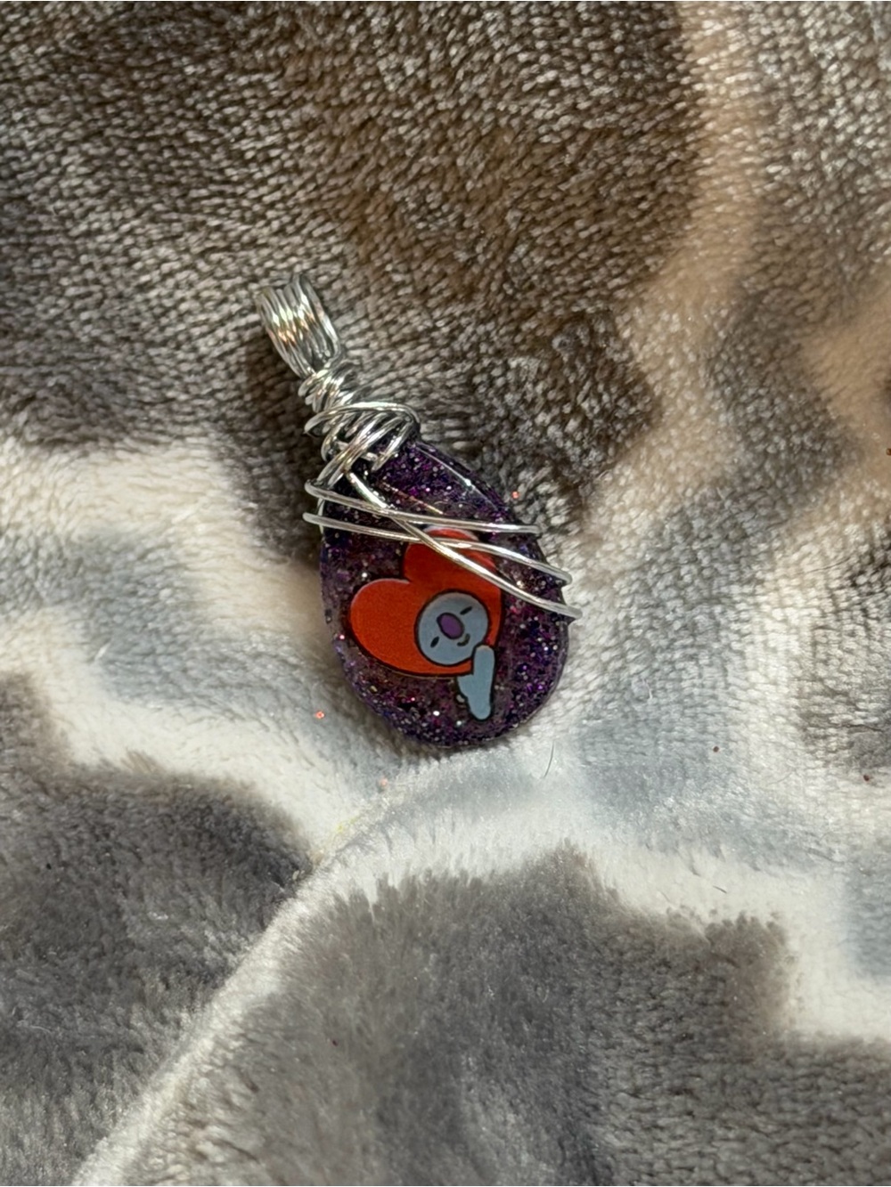 Purple Glitter Heart Accent Pendant Necklace - Silver Wire WrapK-pop inspired